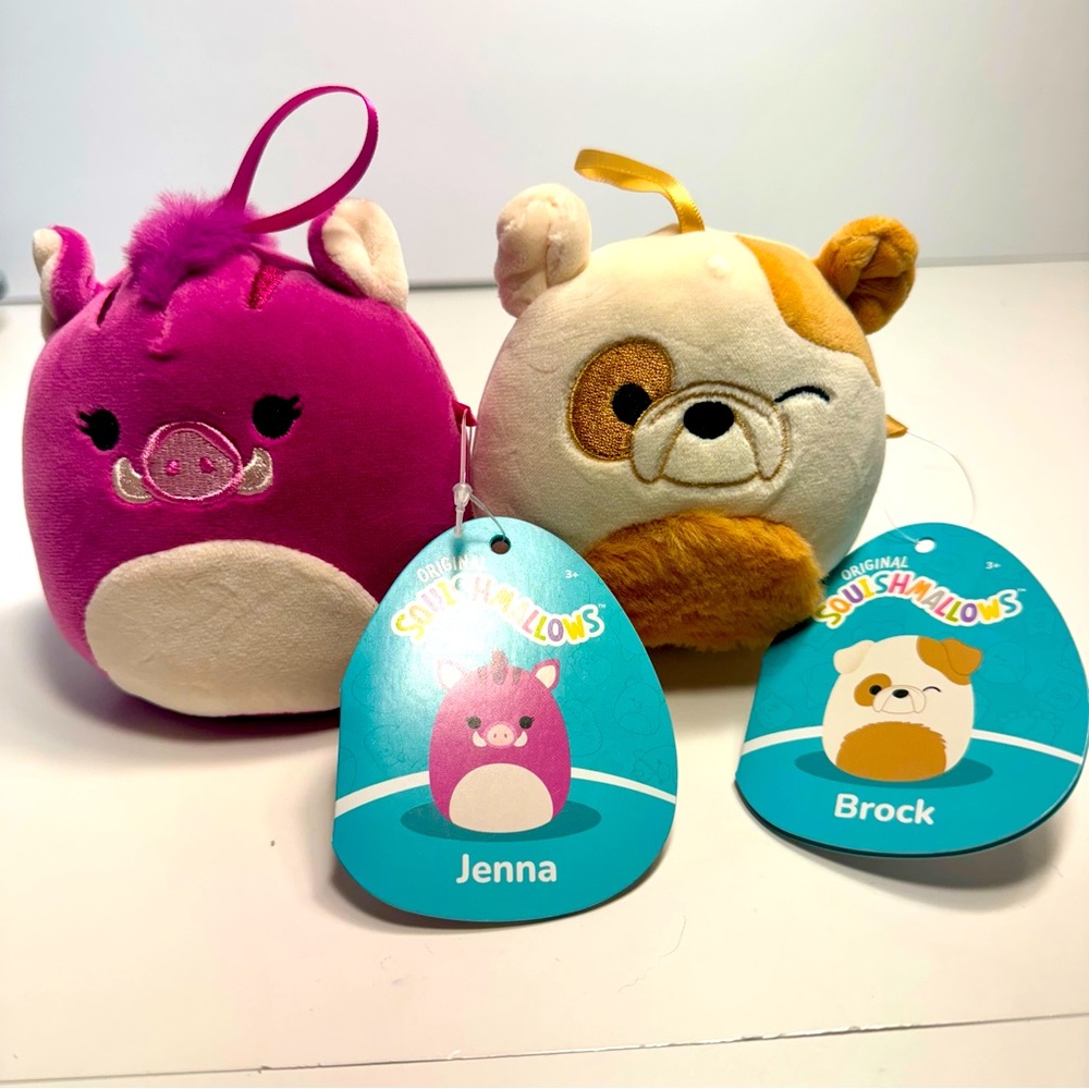 NWT. Two mini ornament squishmallows boar and dog. Jenna and Brock.